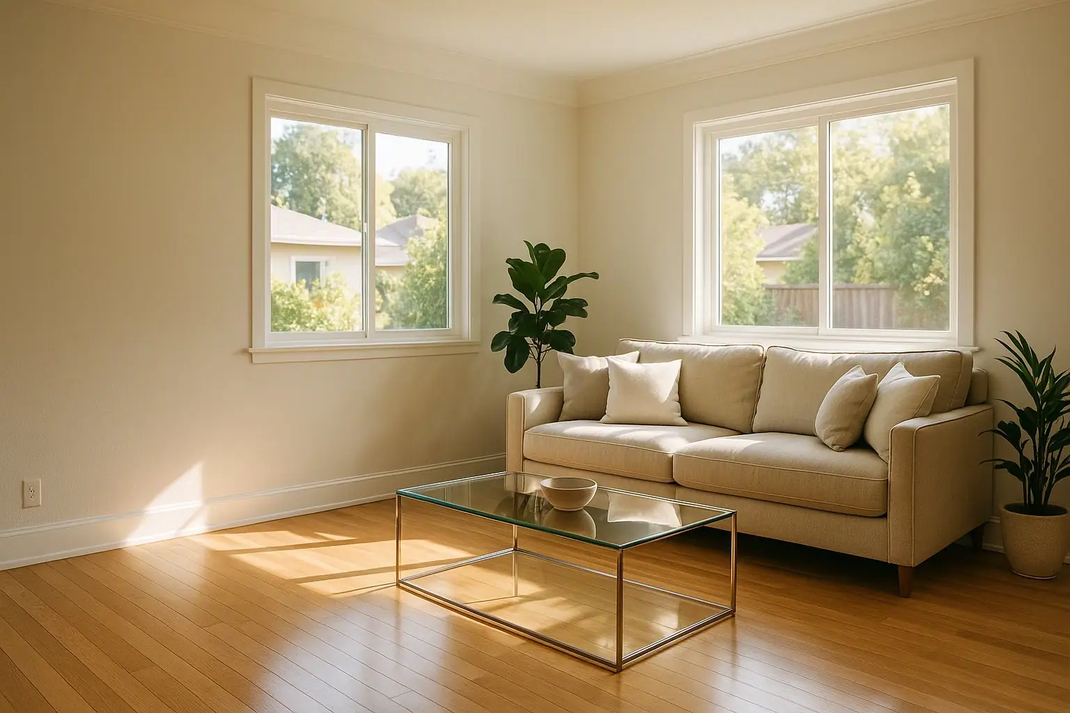 Bright, freshly cleaned living room in a Modesto-area home